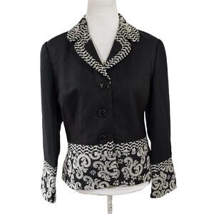 Coldwater Creek Blazer Jacket Size P10 Lined Button Up Black White Long Sleeve